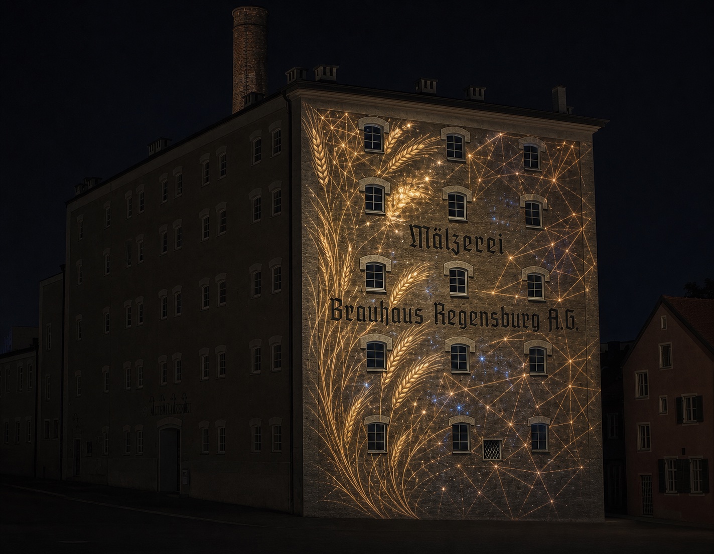 Goldene Ähren und Lichtlinien auf der Fassade der Alten Mälzerei Regensburg
