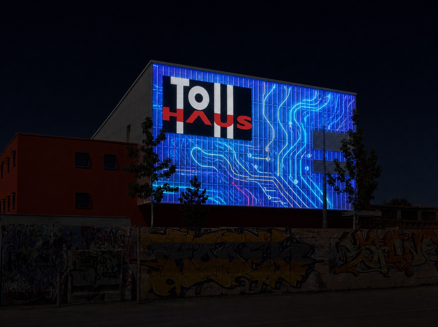 Blaue grafische Lichtprojektion auf der kompakten Fassade des Tollhauses Karlsruhe