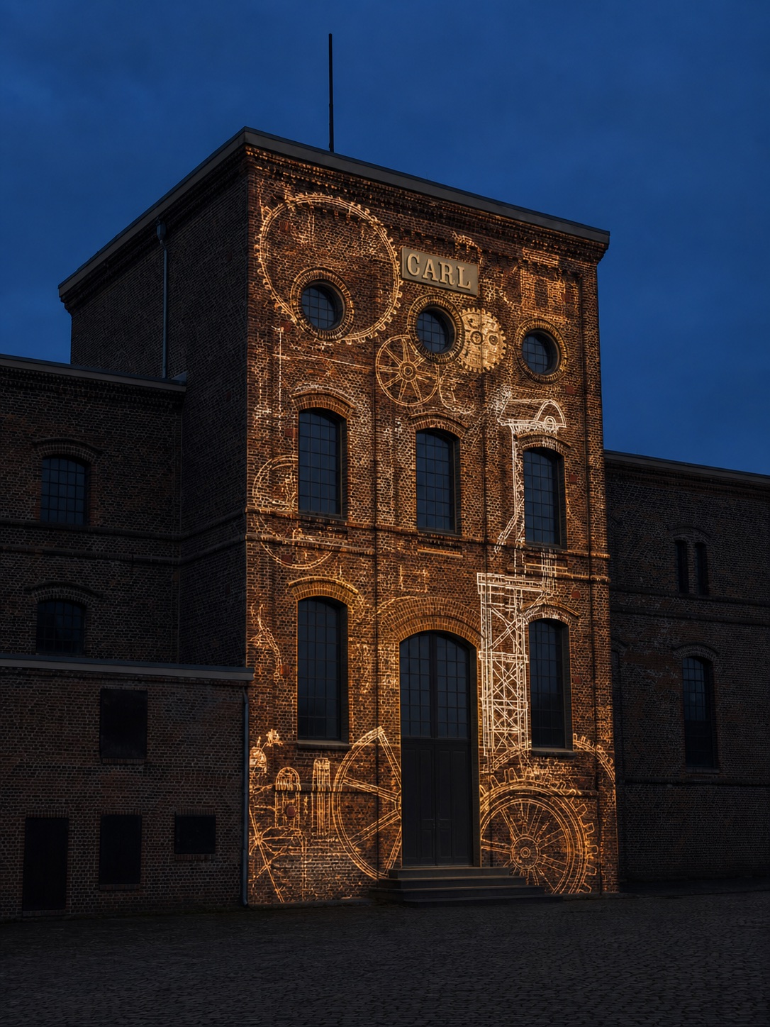 Goldene technische Linienprojektion auf dem zentralen Backsteinturm der Zeche Carl